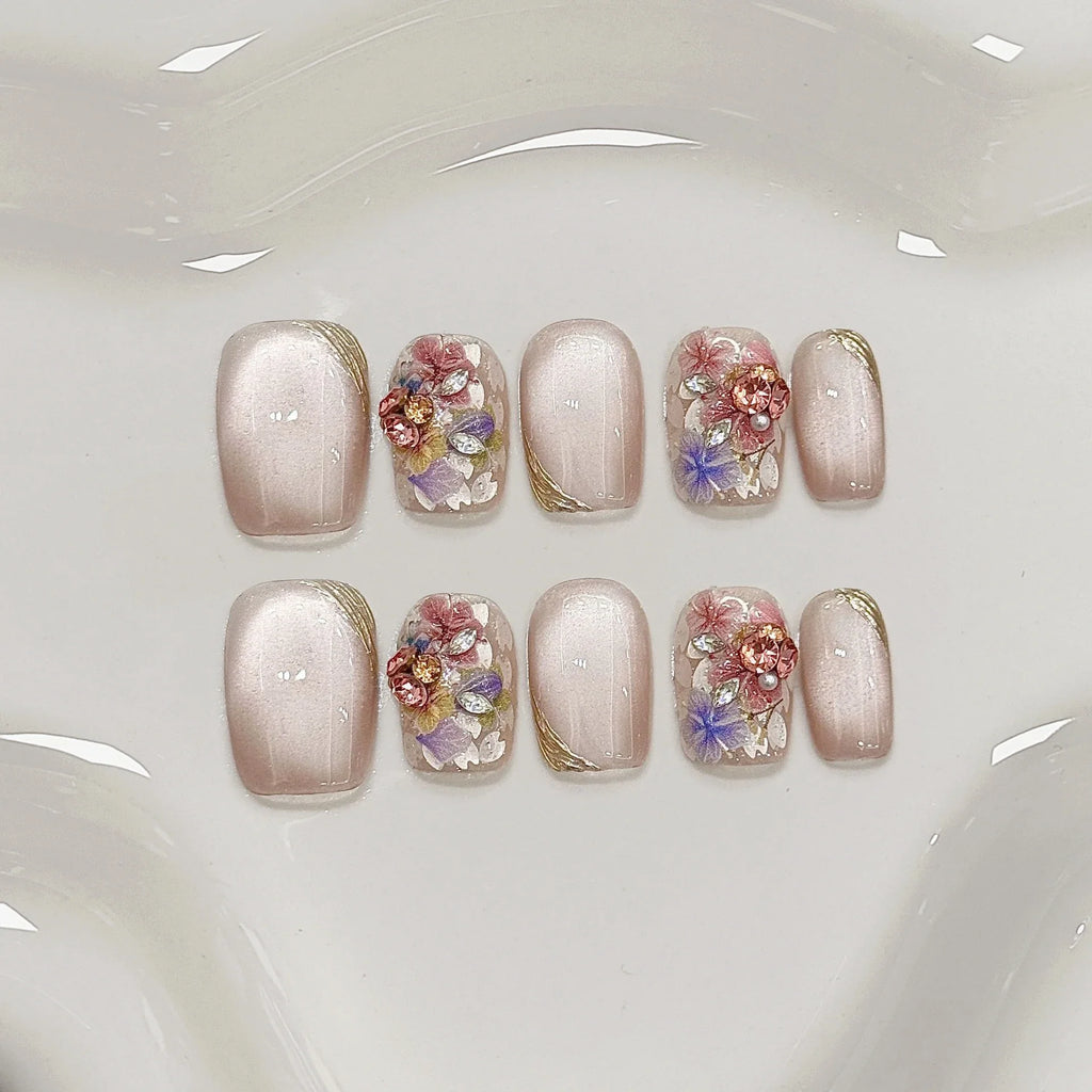 10Pcs Handmade French Nails Tips Elegant Cat Eye Gold Stripes Edge Design with Flowers Rhinestone Pink Glitter Wearable Manicure