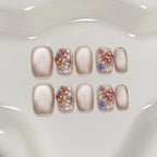 10Pcs Handmade French Nails Tips Elegant Cat Eye Gold Stripes Edge Design with Flowers Rhinestone Pink Glitter Wearable Manicure