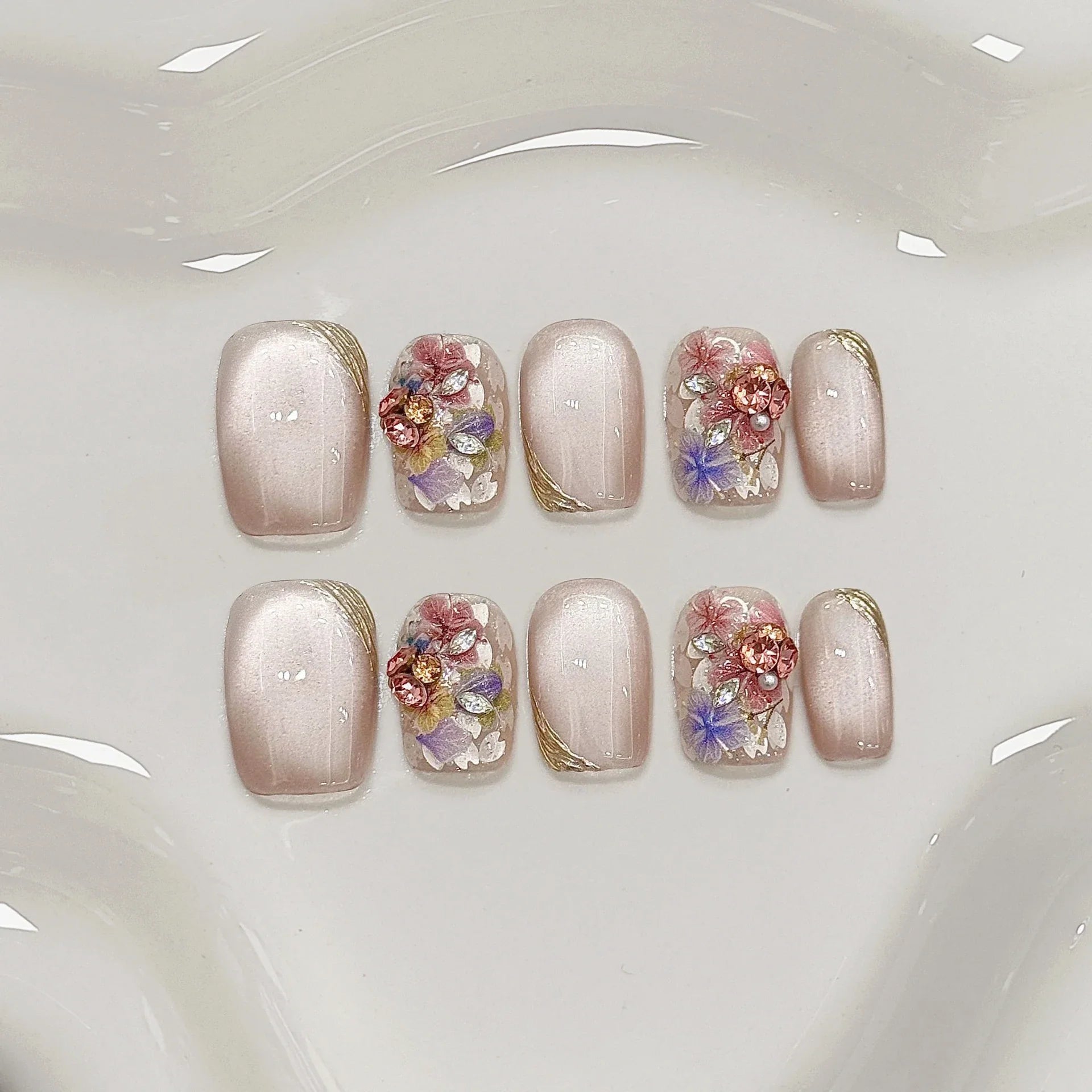 10Pcs Handmade French Nails Tips Elegant Cat Eye Gold Stripes Edge Design with Flowers Rhinestone Pink Glitter Wearable Manicure