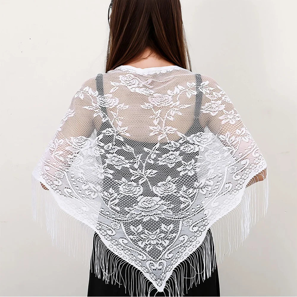 2024 White/Black Catholic Woman Spanish Style Lace Tassel Church Veil Head Covering Long Veil Floral Scarves Wedding Accessories