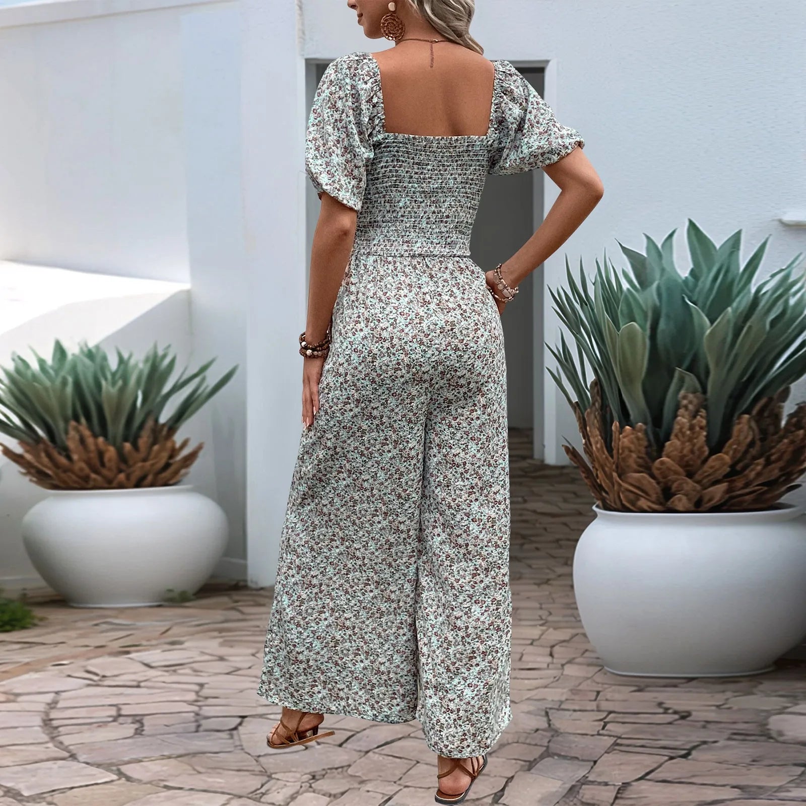 Bohemian Vacation Holiday Jumpsuit Women Pleated Wide Leg Rompers Chiffon Print Ethnic Playsuit Summer Casual Jumpsuits