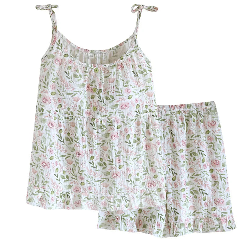 2025 Japanese Summer New Women's Pajama Set 100% Cotton Crepe Cloth Ladies Suspender+Shorts Two Piece Home Furnishing Set
