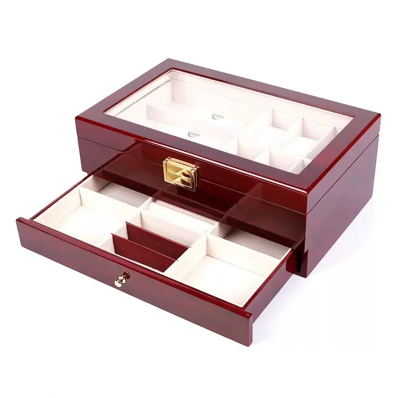 Double Layer Watch Storage Box with Drawer - Glass Display Case for Sunglasses Rings Bracelets Earrings Necklaces Jewelry Organi