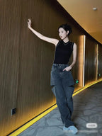 Dave&Di Summer British High Street Retro Loose Jeans With High Waist Wide Legs Broken Jeans For Women Boyfriend Style Mom Jeans