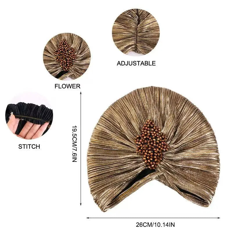 Ethnic Gathered Headscarf with Clover Crystal Gold Foil Print Fashion Hair Cover for Women Hijab Head Wrap Accessory