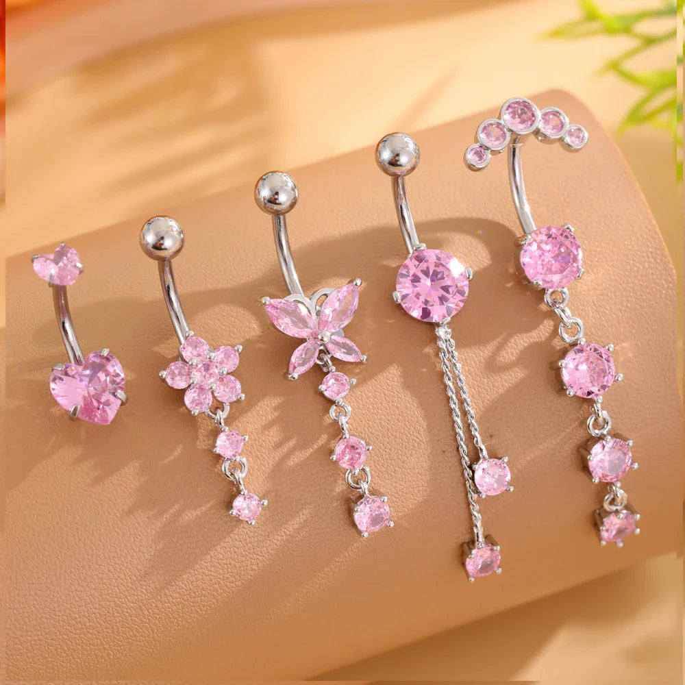 14G Gold Color Series Butterfly Dangled Belly Piercing Sets 5PCS/Lot Heart Flower Curved Navel Navel Ring Belly Button Rings