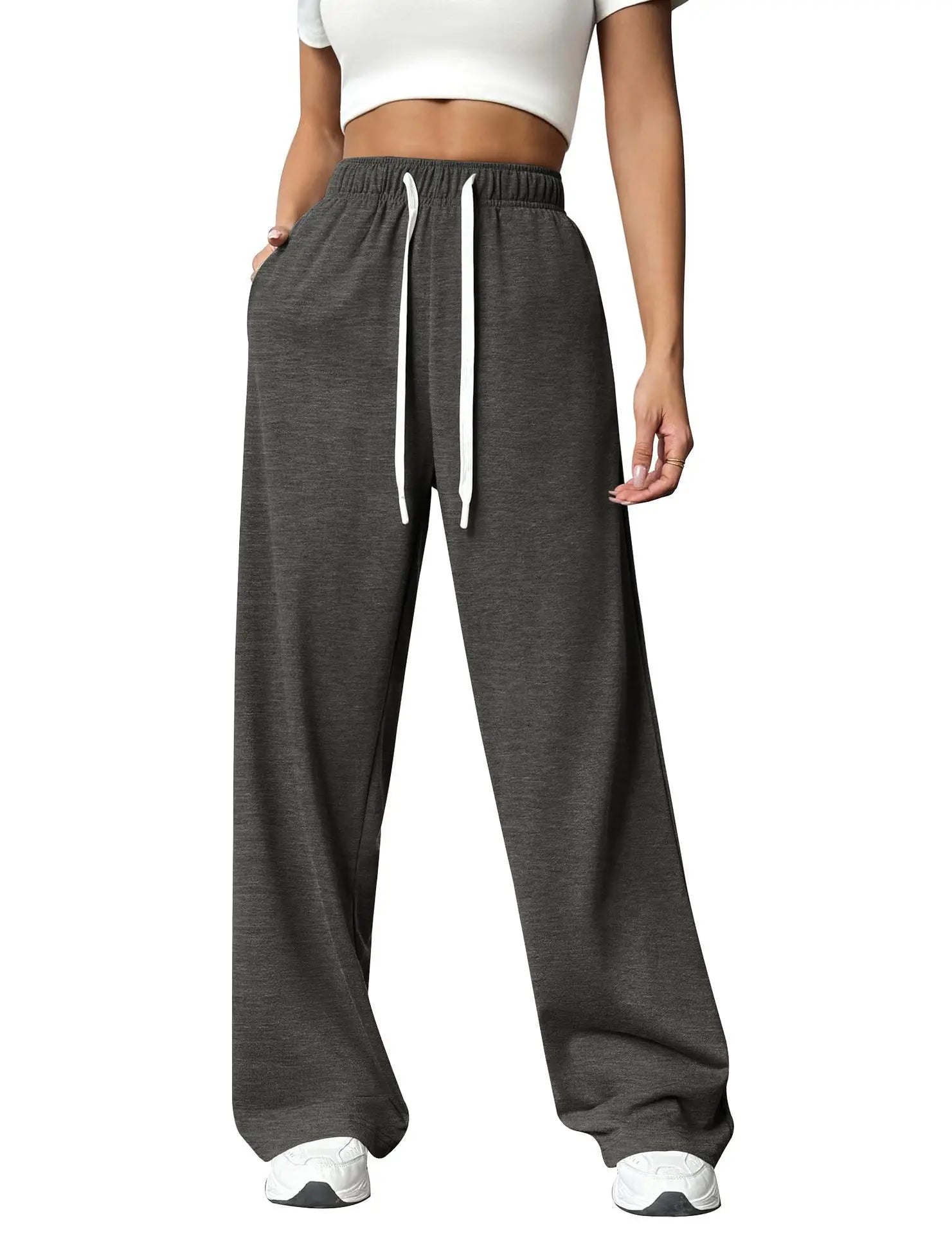 Casual Wide Leg Sports Pants for Women Casual Straight Leg Loose Solid Color Elastic Drawstring High Waisted Wide Leg Pants