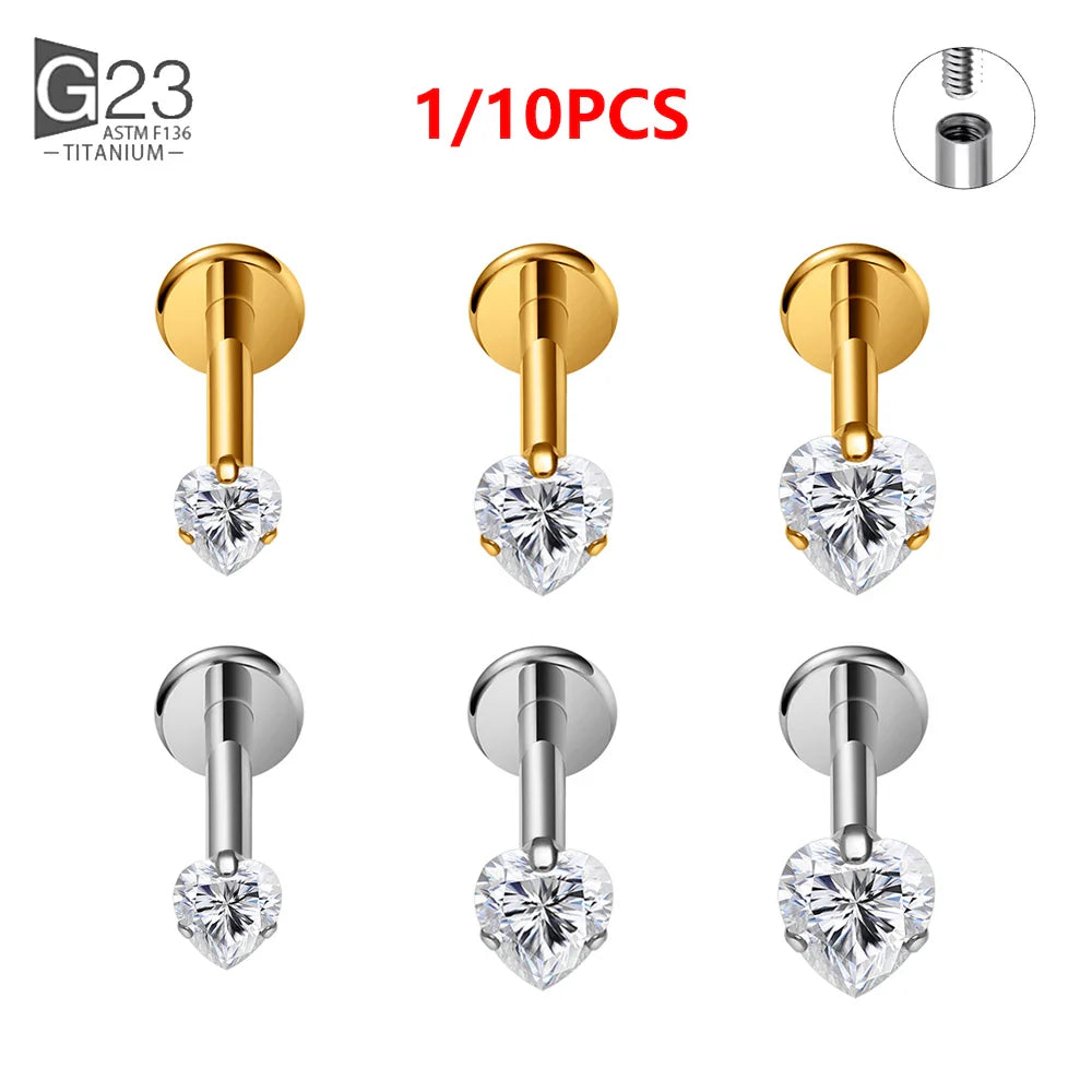 1/10PCS ASTM F136 Titanium 16G Heart CZ Threaded Labret 3mm/4mm CZ Cartilage Tragus Helix Nose Stud Piercing Jewelry