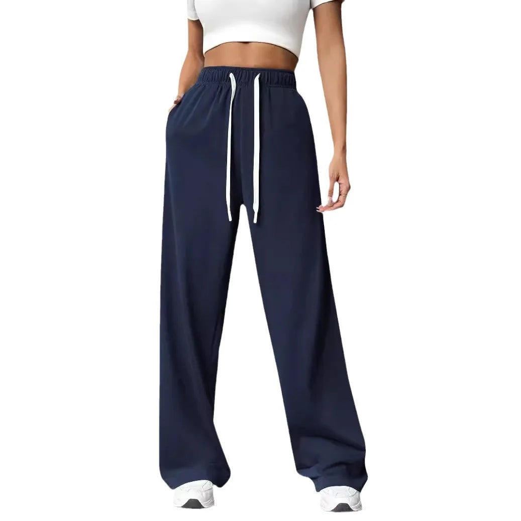 Casual Wide Leg Sports Pants for Women Casual Straight Leg Loose Solid Color Elastic Drawstring High Waisted Wide Leg Pants