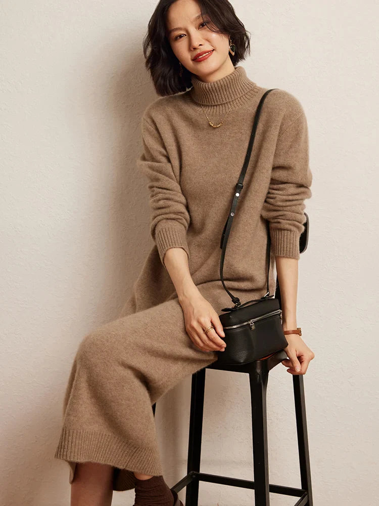 100% Cashmere Sweater Long Dress New Women High Turn-down Collar Pullover  Soft Cosy Autumn Winter Casual Solid Knitwear Dress