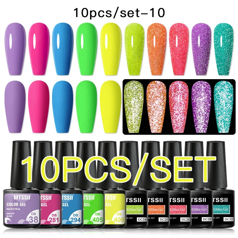 10PCS/Set Gel Nail Polish Set 125 Colors Glitter Semi Permanent Hybrid Gel Varnishes Base Top Coat Soak Off UV LED Nail Art Gel