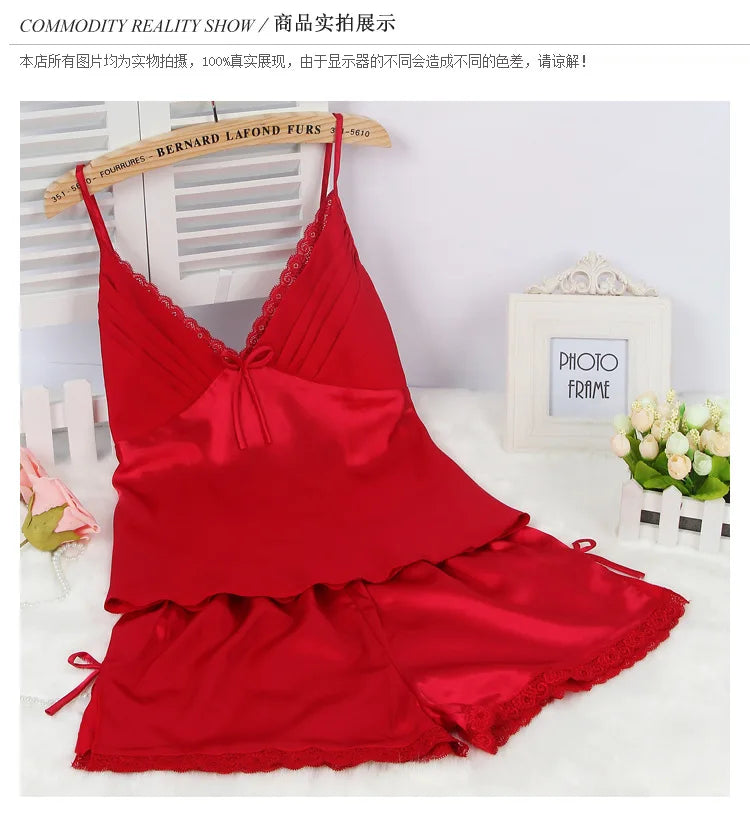 Black Pajamas Suit Lace Up Cami&shorts Set 2Pcs Satin Home Clothes Lady Sexy Lingerie Sleepwear Loungewear Plus Size 3Xl