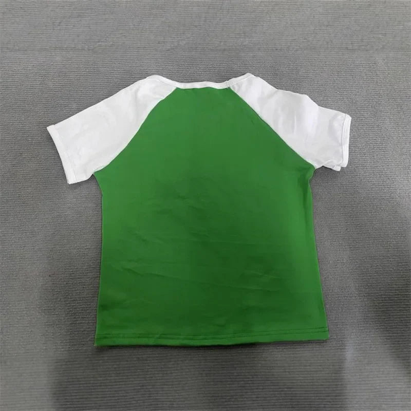 2025 Summer New y2k Leisure Color Blocked Embroidered Nigeria Letter Green T-shirt trend 2025 Women's Clothing Crop Top EMO