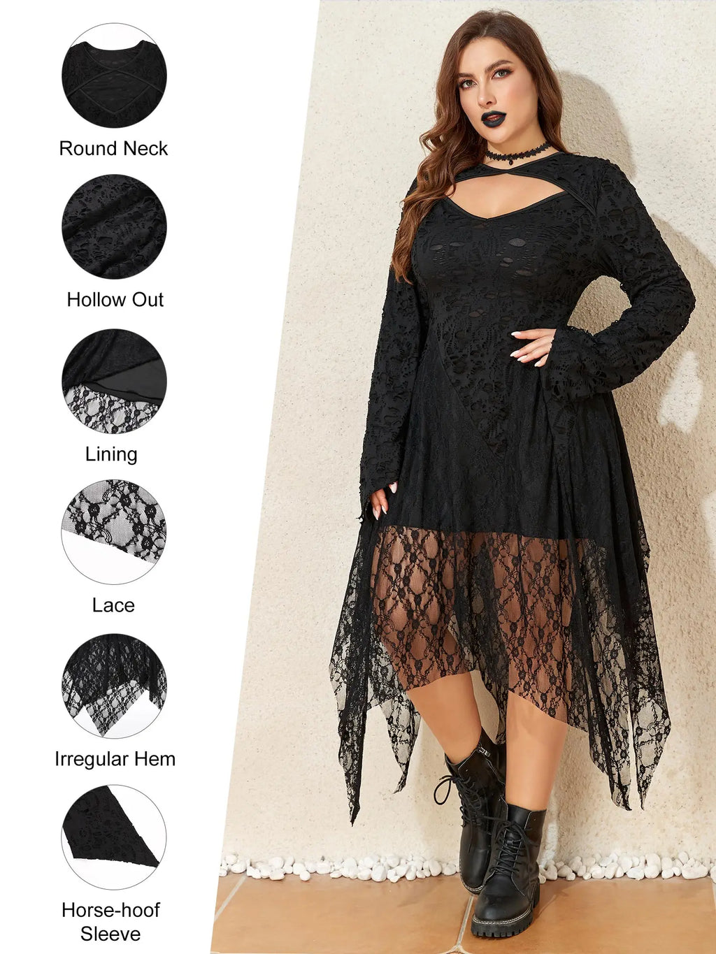Halloween Plus Size Women's Gothic Lace Flare Sleeve A-Line Midi Dress Ladies Asymmetrical Hem Punk Party Costplay Dress 1XL-6XL