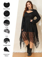 Halloween Plus Size Women's Gothic Lace Flare Sleeve A-Line Midi Dress Ladies Asymmetrical Hem Punk Party Costplay Dress 1XL-6XL