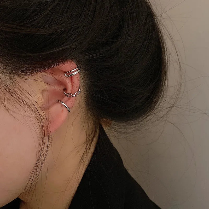 3Pcs/Lot  Silver Color Chain Ear Cuff Non-Piercing Fake Cartilage Clip Earrings For Women Men Creative Trend Christmas Jewelry
