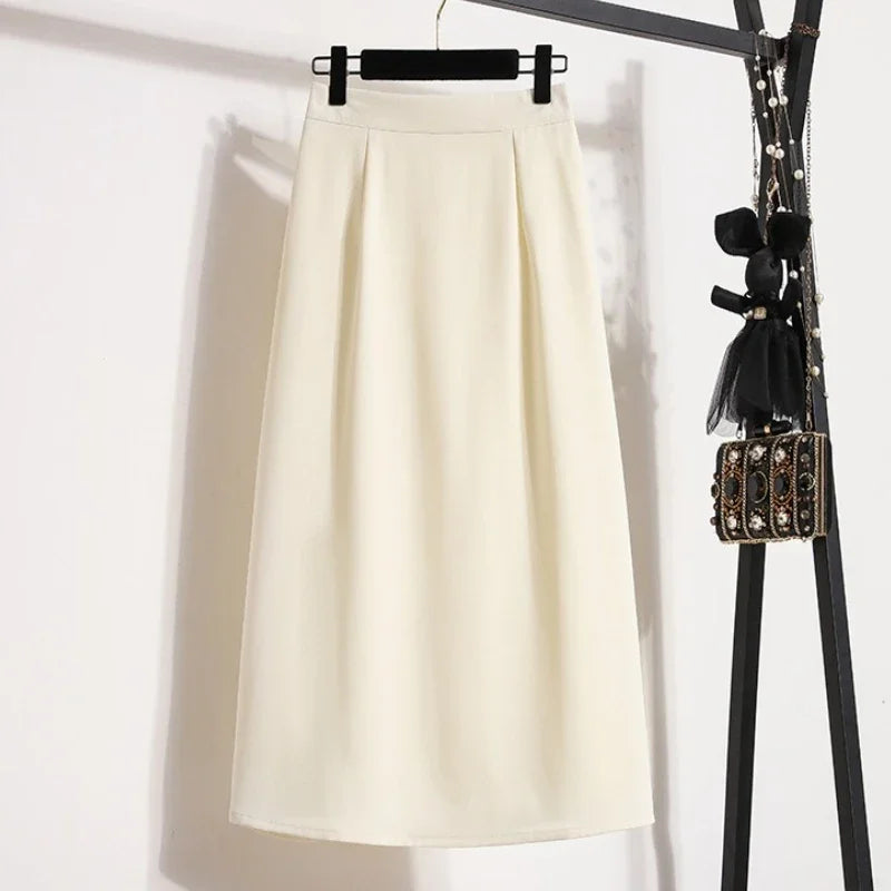 2025 Summer Female Fashionable Versatile Solid Skirts High Waisted Mid Length A-line Plus Size Skirt Split Wrap Body Skirt