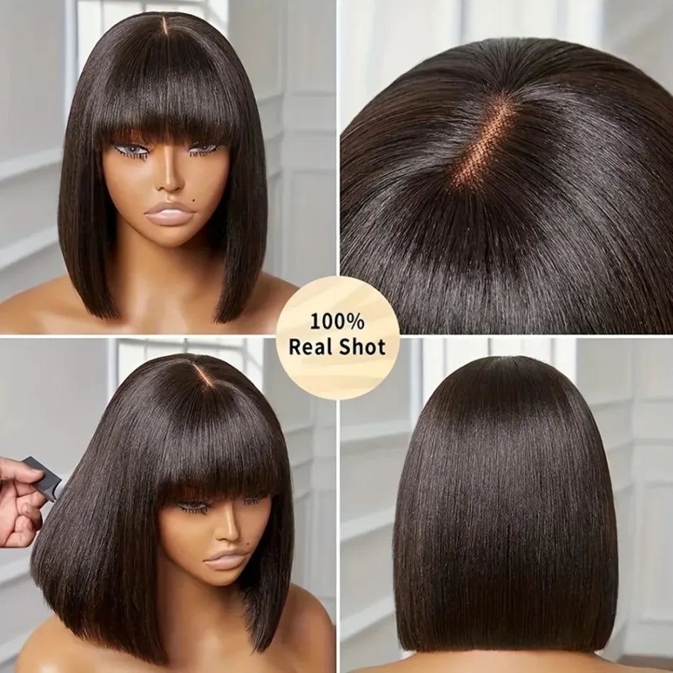 3x1 Middle Part Lace Wig Bone Straight Cheap Wigs Full Machine Made Human Hair Wig with Bangs for Women on Clearance Sale