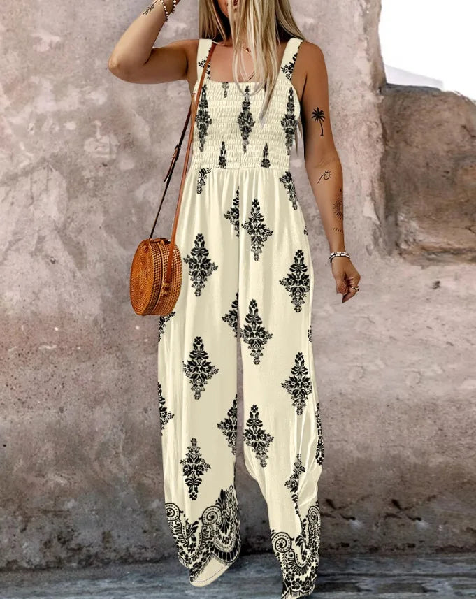 2025 Summer Female Jumpsuits with Pockets Fashion Printing Wide Legs High Waist Women's Rompers Sleeveless Strap Pants Trousers