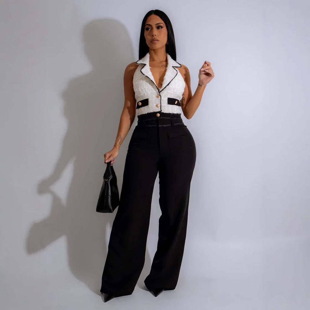 Elegent Office Lady Jumpsuits for Women Full Length Summer V Neck Sleeveless Blazer Jumpsuit High Waist Sexy Backless Jumpsuit