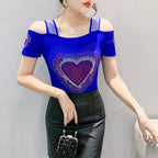 Aoxison Summer Short Sleeved Women's T-Shirt Elegant Slim Shiny Love Heart Diamonds Mesh Tops Chic Girl Sexy Off Shoulder Tees