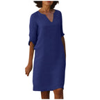 Cotton Linen Women's White Mini Dresses Half Sleeve Holiday Vacation Women's Dress V Neck Solid Color Women's Summer Party Dress