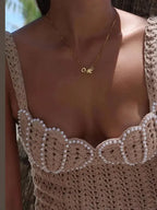 Elegant Knit Women's Summer Dress Elegant Pearl Decoration Square Collar Sleeveless Female Short Dresses Chic Ladies Beach Robe