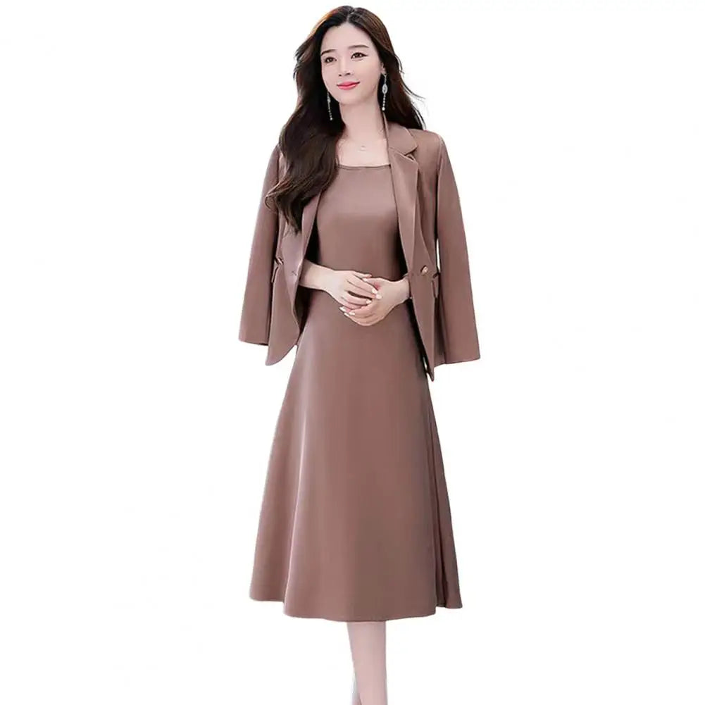 2Pcs/Set Summer Women Suit Dress Outfit  Solid Color Mid-length Lady Dress Sets Light Luxury Commute Sling Dress Coat Set