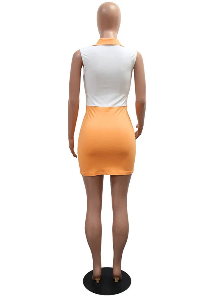 Beyprern New Fashion Contrast Patchwork Shirt Dress For Women Sleeveless Polo Neck Sporty Mini Dress Night Club Outfits