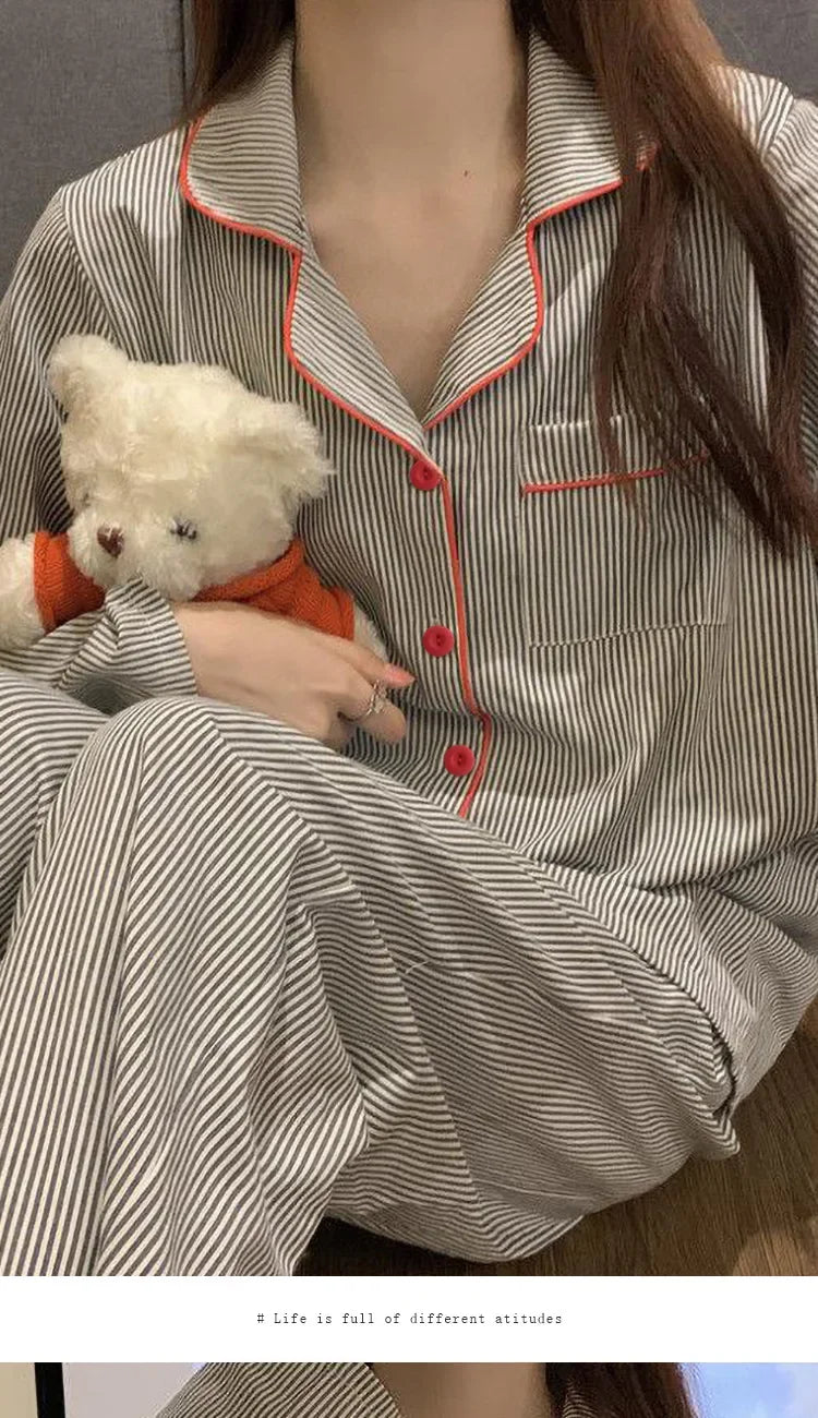 2PCS/Set Women's Long Sleeve Loose Breathable Student Sleepwear Loungewear Cardigan Gray Striped Girl Fashion Pajamas Homewear