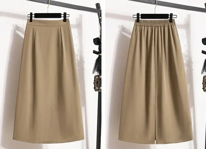 2025 Summer Female Fashionable Versatile Solid Skirts High Waisted Mid Length A-line Plus Size Skirt Split Wrap Body Skirt