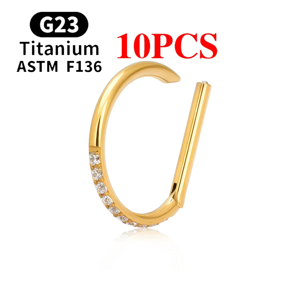 1/10PCS F136 G23 Titanium Piercing Nose Ring D Shape Hinged Segment CZ 16G Clicke Cartilage Tragus Helix Earrings Body Jewelry