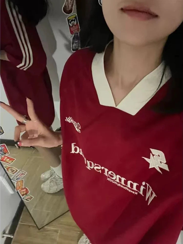 2024 Y2K Oversized Jersey T-shirt Women Summer New Vintage Short Sleeve V-neck Loose Sports Tops Hip Hop Streetwear Letter Tees