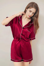100% Real Mulberry Silk Womens Pajamas Set Sleepwear Pjs Button Down Short Sleeve Shirt Top and Shorts Loungewear 2 Piece M-4XL