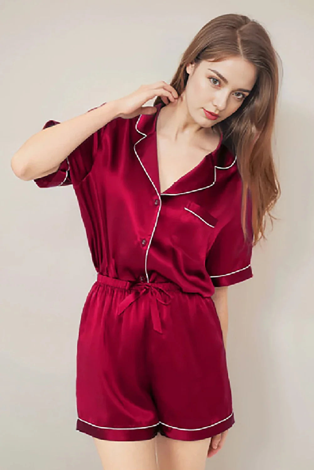 100% Real Mulberry Silk Womens Pajamas Set Sleepwear Pjs Button Down Short Sleeve Shirt Top and Shorts Loungewear 2 Piece M-4XL