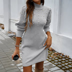 2025 Autumn Women Sweater Dresses Pearls Round Neck Long Sleeve Hip Wrap Dress Winter Elegant Ladies Casual Solid Slim Fit Dress