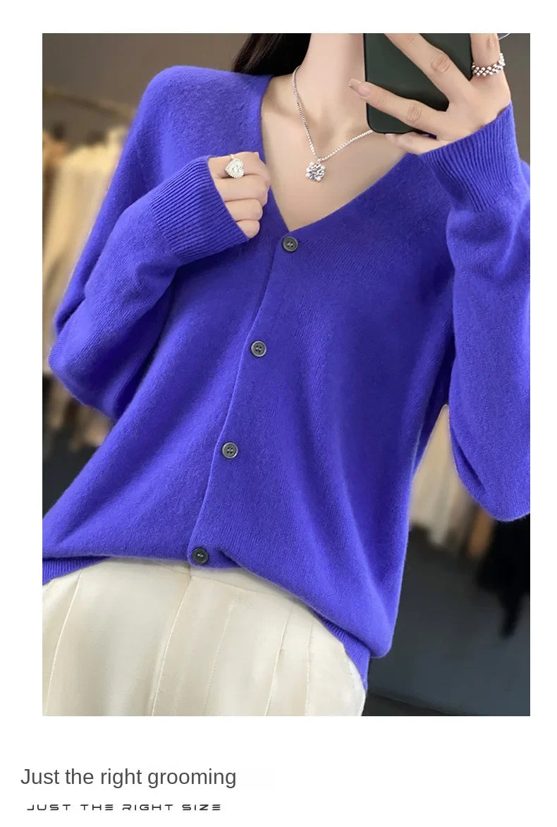 100 Merino Wool Knitted V-neck Sweater Women's Top Loose Korean Version Fashionable Versatile Autumn And Winter Cashmere Sweater