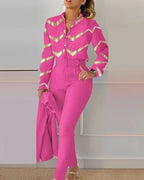 Autumn Winter Stand Neck Floral Print Long Sleeve Shirt Pants Two Piece Sets Elegant Women Casual Shirt Trousers Suits With Belt