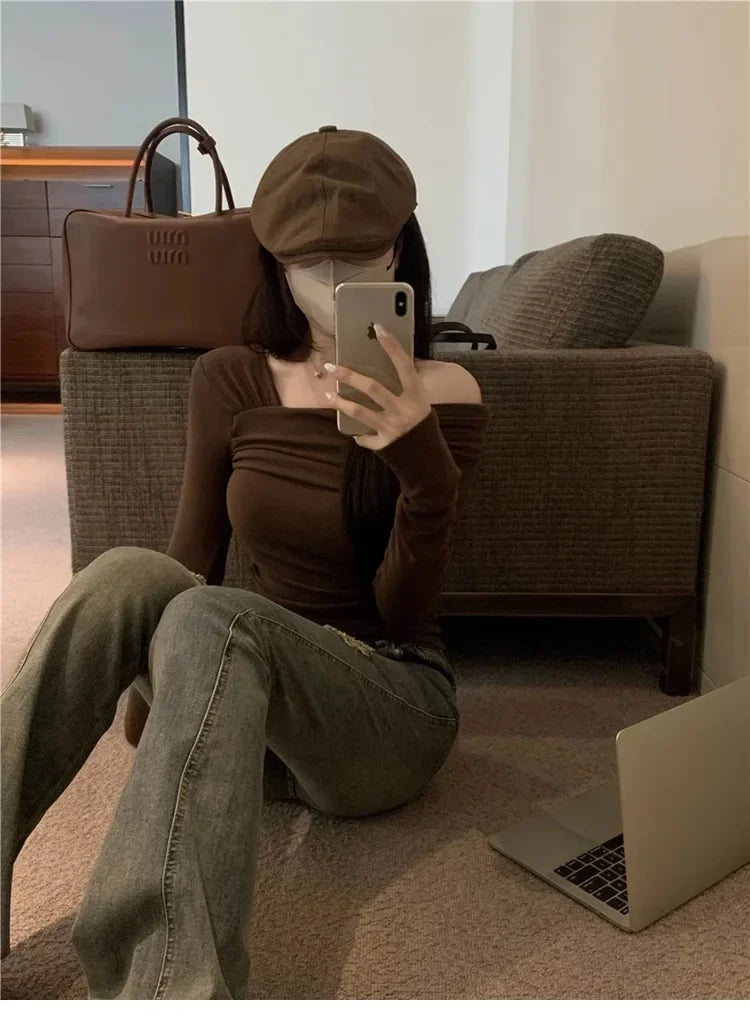 Elegant Off-Shoulder Long Sleeve Knitted Top For Women 2023 Autumn Slimming Smooth Base Layer T-Shirt Polyester Fiber Full Sleev