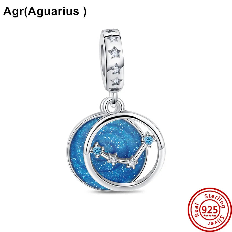 Authentic 925 Sterling Silver Sparkling Aries Leo Scorpio 12 Zodiac Signs Constellation Charm Beads Fit Pantaro Bracelet Jewelry