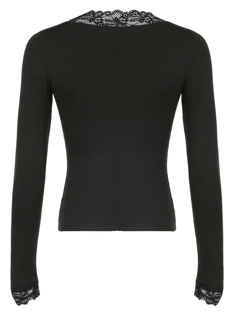 Cuteandpsycho Lace Patchwork Solid Slim Tee Shirts Long Sleeves V-neck Aesthetic Fashion Clothes Vintage Streetwear Black Tops