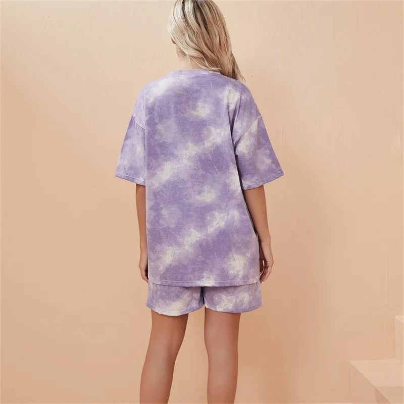 2Piece Suit Women T-Shirt Shorts Set Tie Dye Loose tshirt and wide leg middle shorts with pockets female Casual Soft Summer Sets