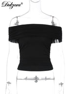 Dulzura Sleeveless Off Shoulder Ruched Bodycon Crop Top Solid Sexy Elegant T-Shirt Party Club Streetwear Spring Summer Top
