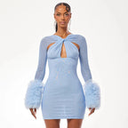2025 Autumn Furry Patchwork Dress Women See Through Full Sleeve Sexy Hollow Cross Elegant Luxury Banquet Birthday Party Clubwear