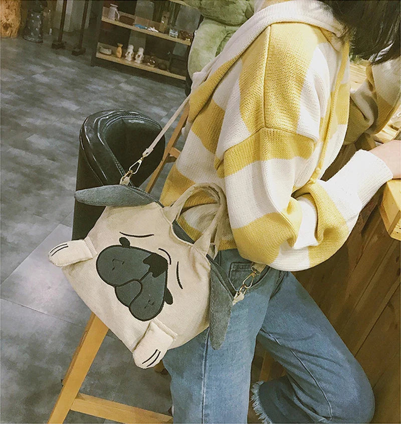 Cute Animal Handbags For Women Casual Travel Large Capacity Totes Shoulder Bags Pug Dog Corduroy Messenger Bag Feminine Bolsas
