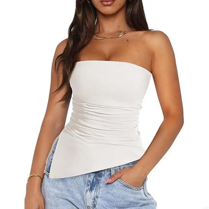 920L Strapless Ruched Asymmetrical Tube Top for Women Off Shoulder Bandeau Shirt Solid Color Side Split Fit Top