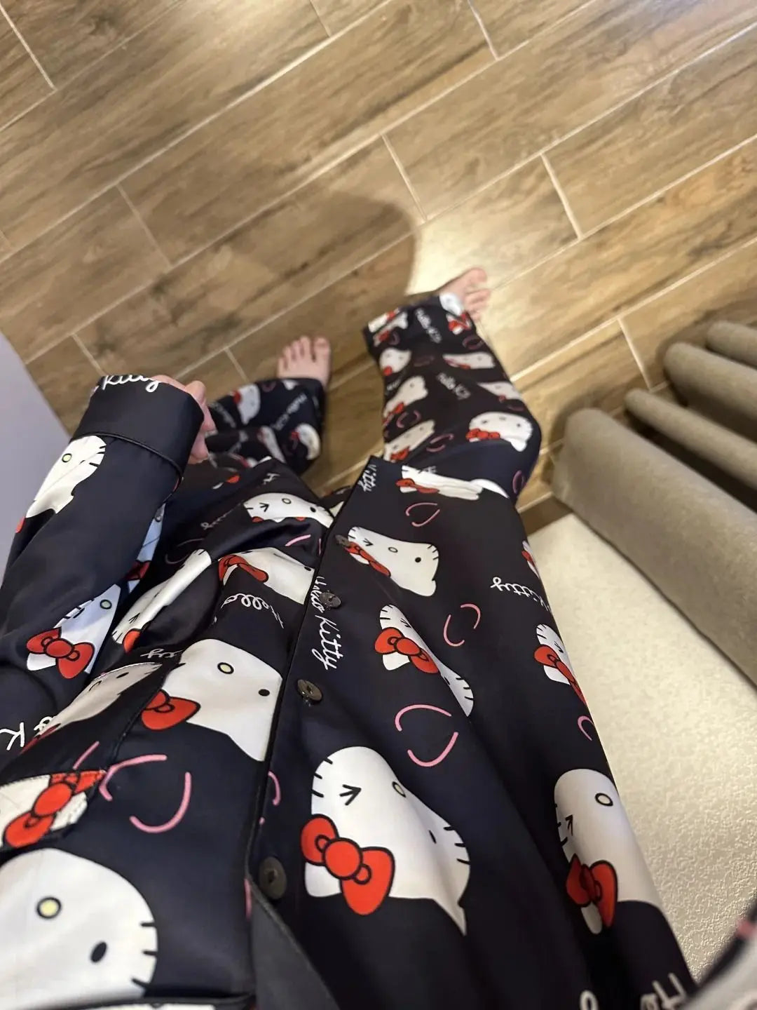 2025 New 2Pcs/Set Hello Kitty Pajama Kawaii Cartoon Long Sleeve Pants Black Home/Outdoor Loungewear Sanrio Home Clothing