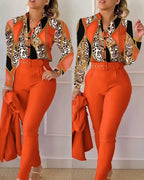Elegant Women Printed Two Piece Suit Sets Spring Autumn V Neck Long Sleeve Shirt Top & Long Pants Set With Belt Workwear Outfits