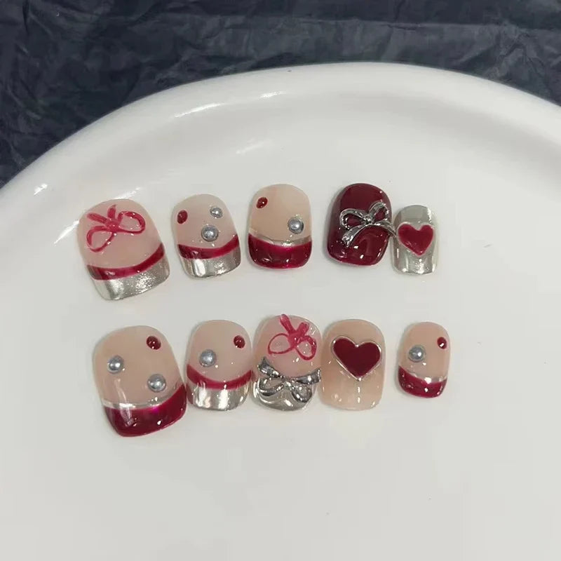 10Pcs Valentine's Day Handmade Nails Red Heart Polka Dot False Nail for Women&Girl Short Cat's Eye Detachable Wearable Nails
