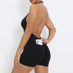 Gym Sport Jumpsuit Short Jumpsuit with Pocket Women Sportswear One Piece Yoga Set Sexy Backless Scrunch Fitness Overalls Romper